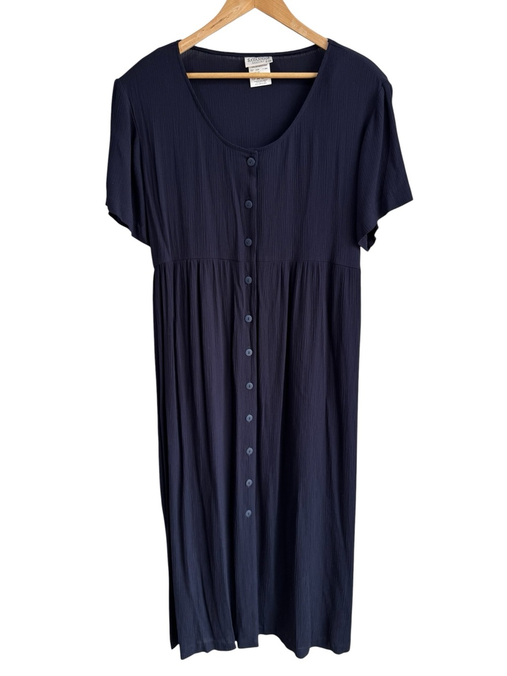 Vintage 90s Minimalist Rayon Maxi Dress Sz L Navy Blue Button Front Prairie